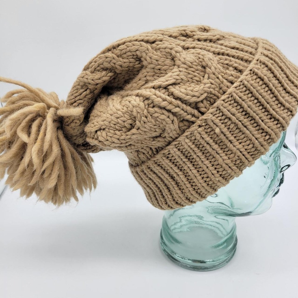 Banana Republic Beanie Hat Tan Camel 100% Wool Cable Knit Pom Pom Winter Cuffed